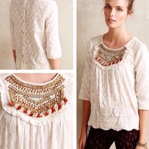 Anthropologie Cream Lace Blouse with Embellished Neckline
